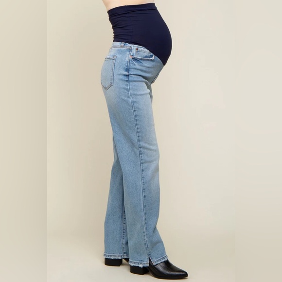 ▪️Pinkblush Light Blue Straight Leg Distressed Split Hem Maternity Jeans - Picture 6 of 12